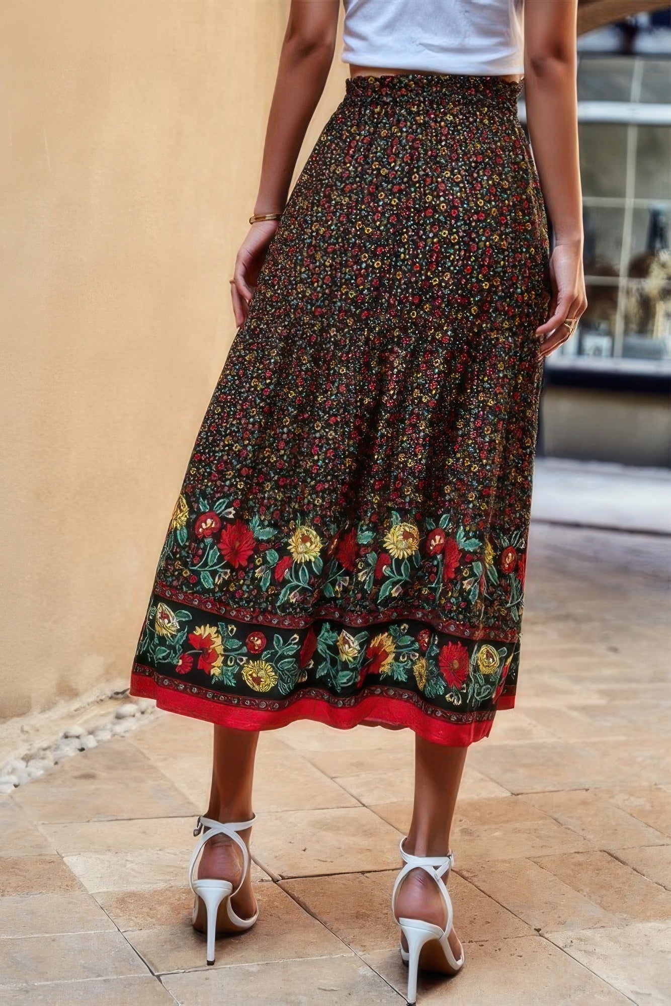 High Waist Drawstring Ruffled Floral Maxi Skirt