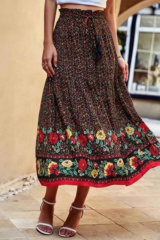 High Waist Drawstring Ruffled Floral Maxi Skirt