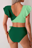 V Neck Ruffled Two-Piece High Waisted Swimsuit Set