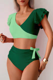 V Neck Ruffled Two-Piece High Waisted Swimsuit Set