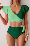 V Neck Ruffled Two-Piece High Waisted Swimsuit Set
