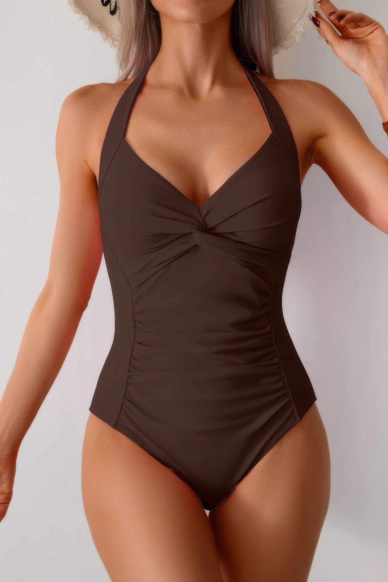 V Neck Halter One-Piece Swimsuit with Ruched Back Design