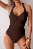 V Neck Halter One-Piece Swimsuit with Ruched Back Design