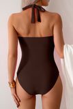 V Neck Halter One-Piece Swimsuit with Ruched Back Design