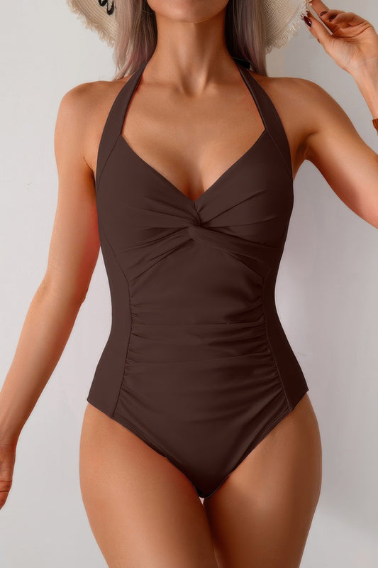 V Neck Halter One-Piece Swimsuit with Ruched Back Design