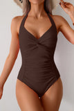 V Neck Halter One-Piece Swimsuit with Ruched Back Design