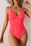 Solid One-Piece Strappy Ruched V Neck Swimsuit