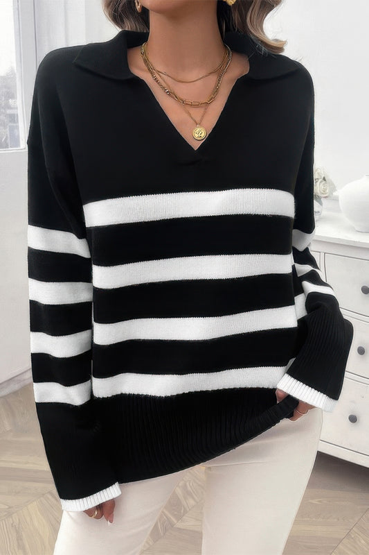 V-Neck Relaxed Fit Striped Knit Pullover Sweater