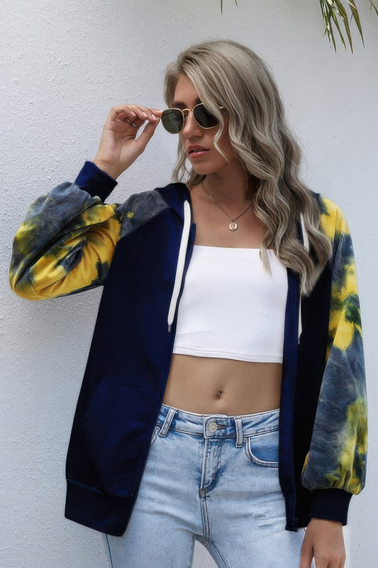 Vibrant Zip Front Tie-Dye Loose Fit Hoodie