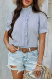 Ruffled Stripe Button-Down Shirt with Puff Sleeves