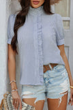 Ruffled Stripe Button-Down Shirt with Puff Sleeves