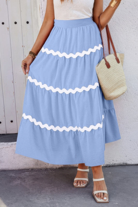 Waves Patterned Pleated Skirt with Stretch Waistband