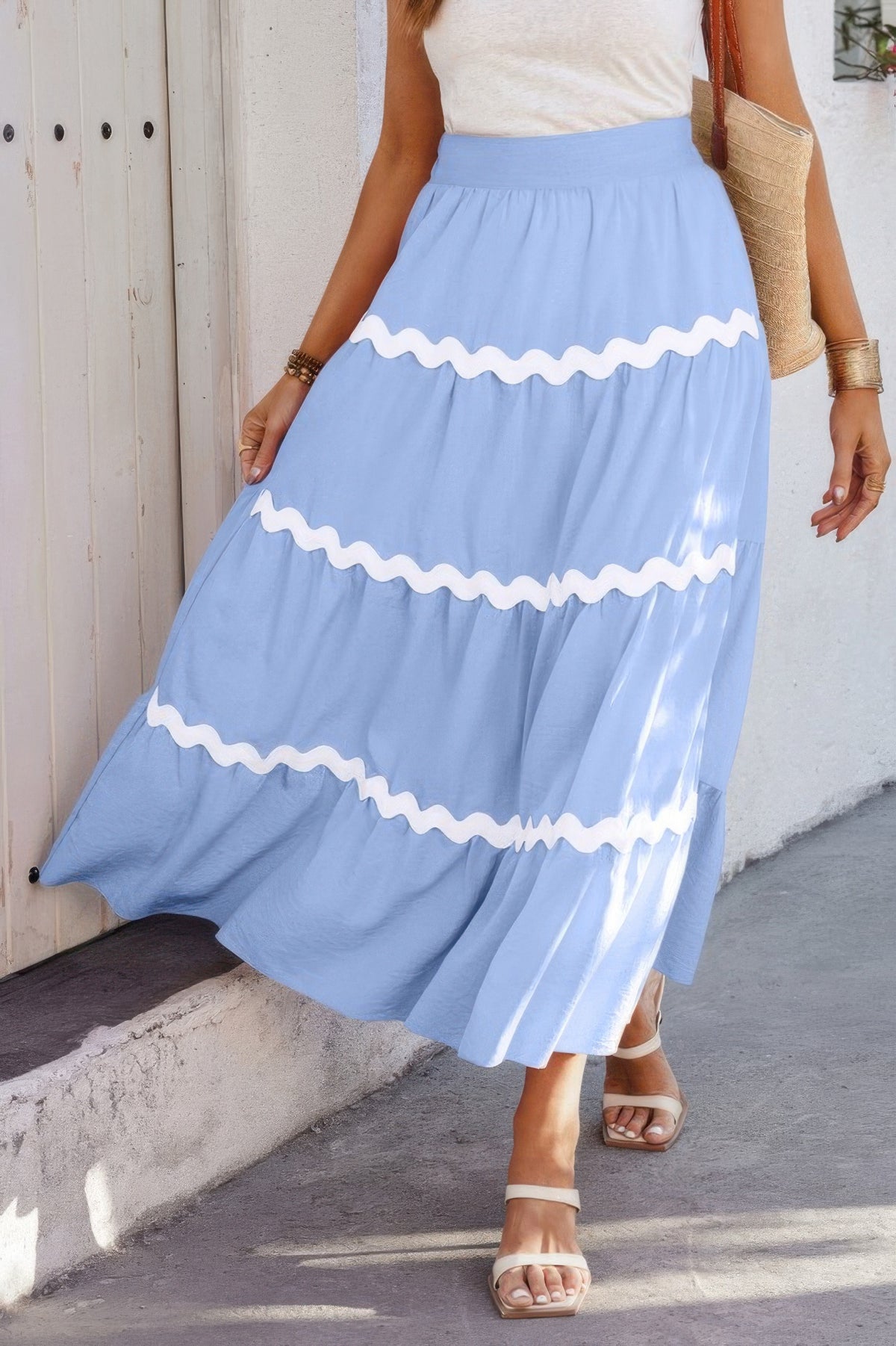 Waves Patterned Pleated Skirt with Stretch Waistband