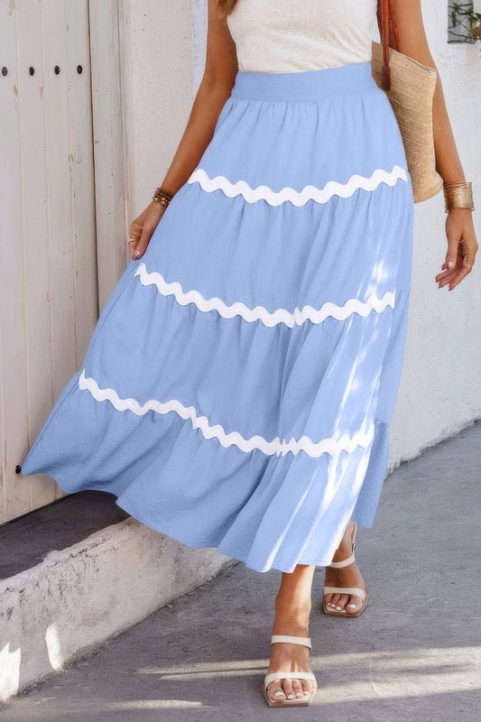 Waves Patterned Pleated Skirt with Stretch Waistband