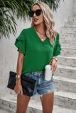 Button-Front V-Neck Blouse with Ruffle Sleeves