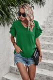 Button-Front V-Neck Blouse with Ruffle Sleeves