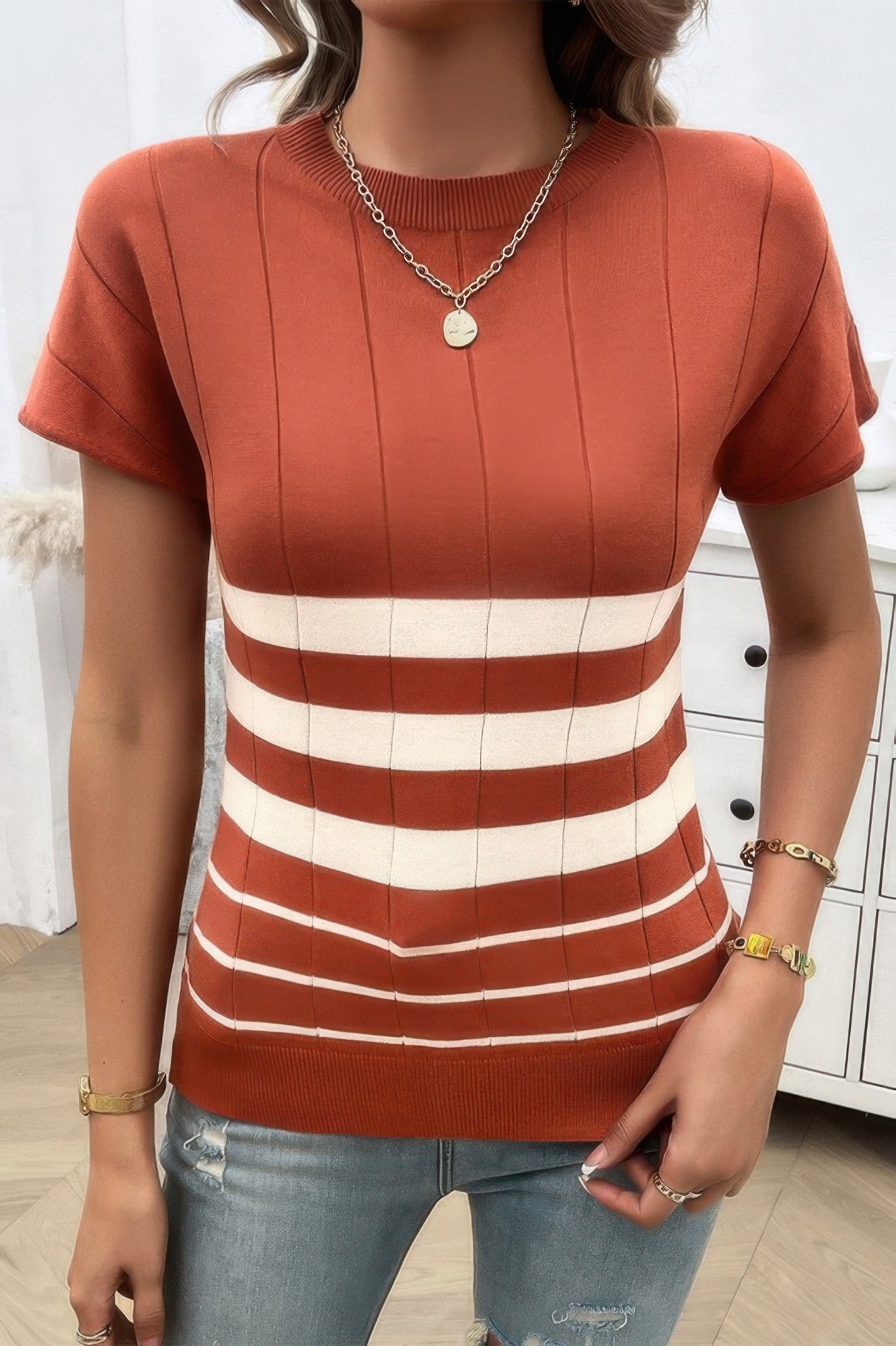 Striped Knit Round Neck Short Sleeve Tee
