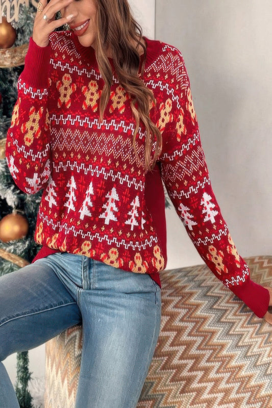 Festive Knit Holiday Print Round Neck Relaxed Fit Sweater
