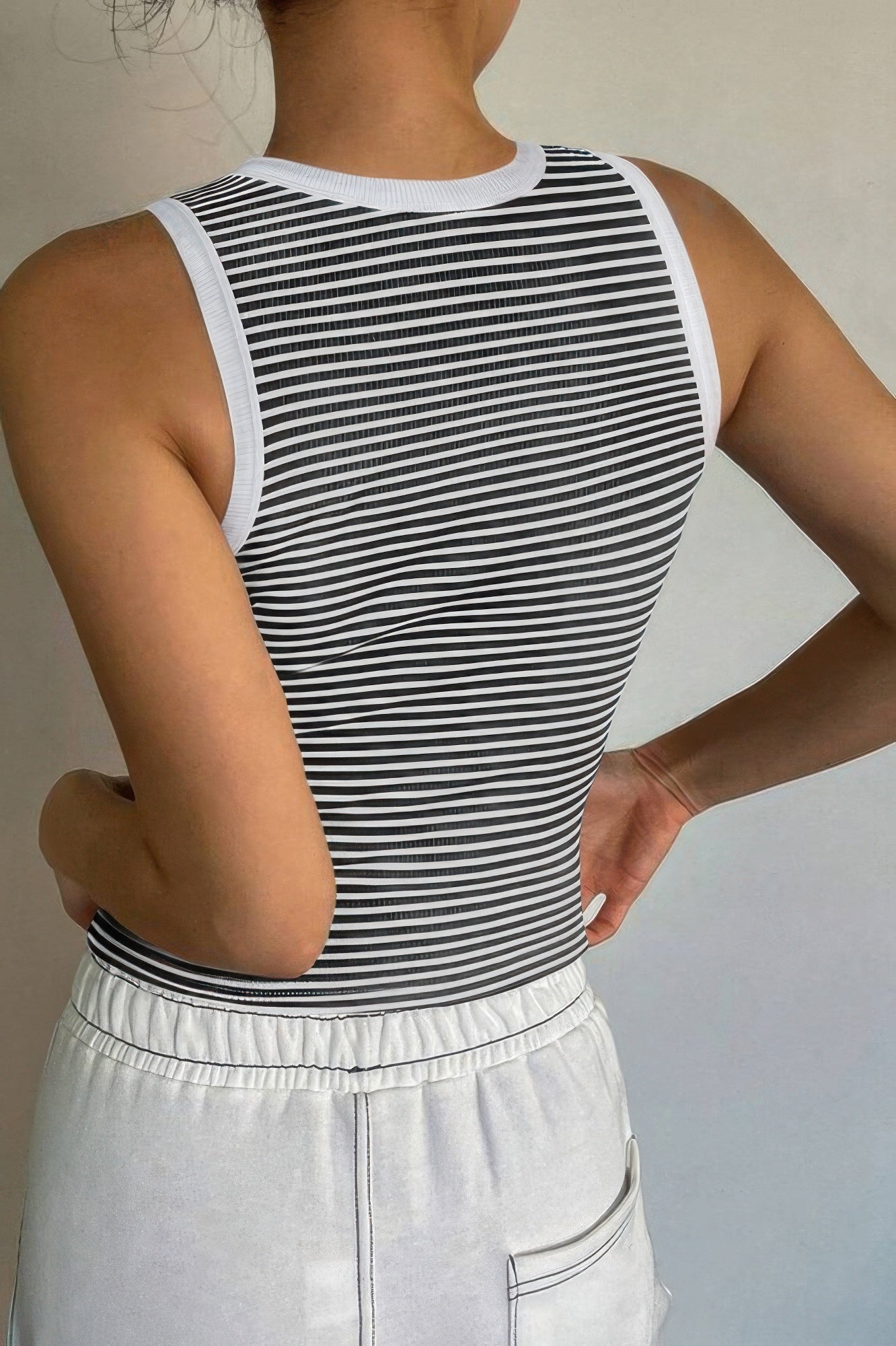 Striped White-Edged Cropped Fitted Cami Tank Top