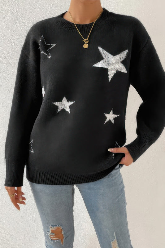 Star Pattern V-Neck Relaxed Knit Sweater