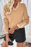 Lace-Accented Crew Neck Button Knit Pullover Sweater