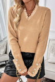 Lace-Accented Crew Neck Button Knit Pullover Sweater