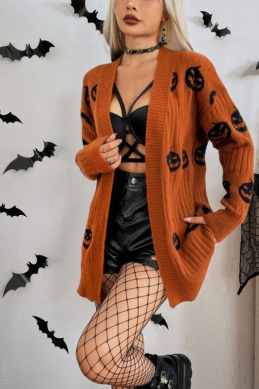Festive Pumpkin Motif Long Sleeve Open Cardigan