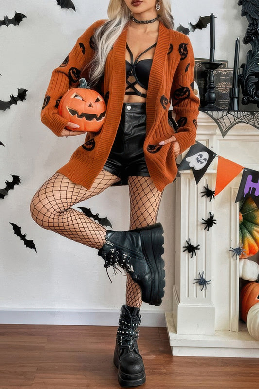 Festive Pumpkin Motif Long Sleeve Open Cardigan