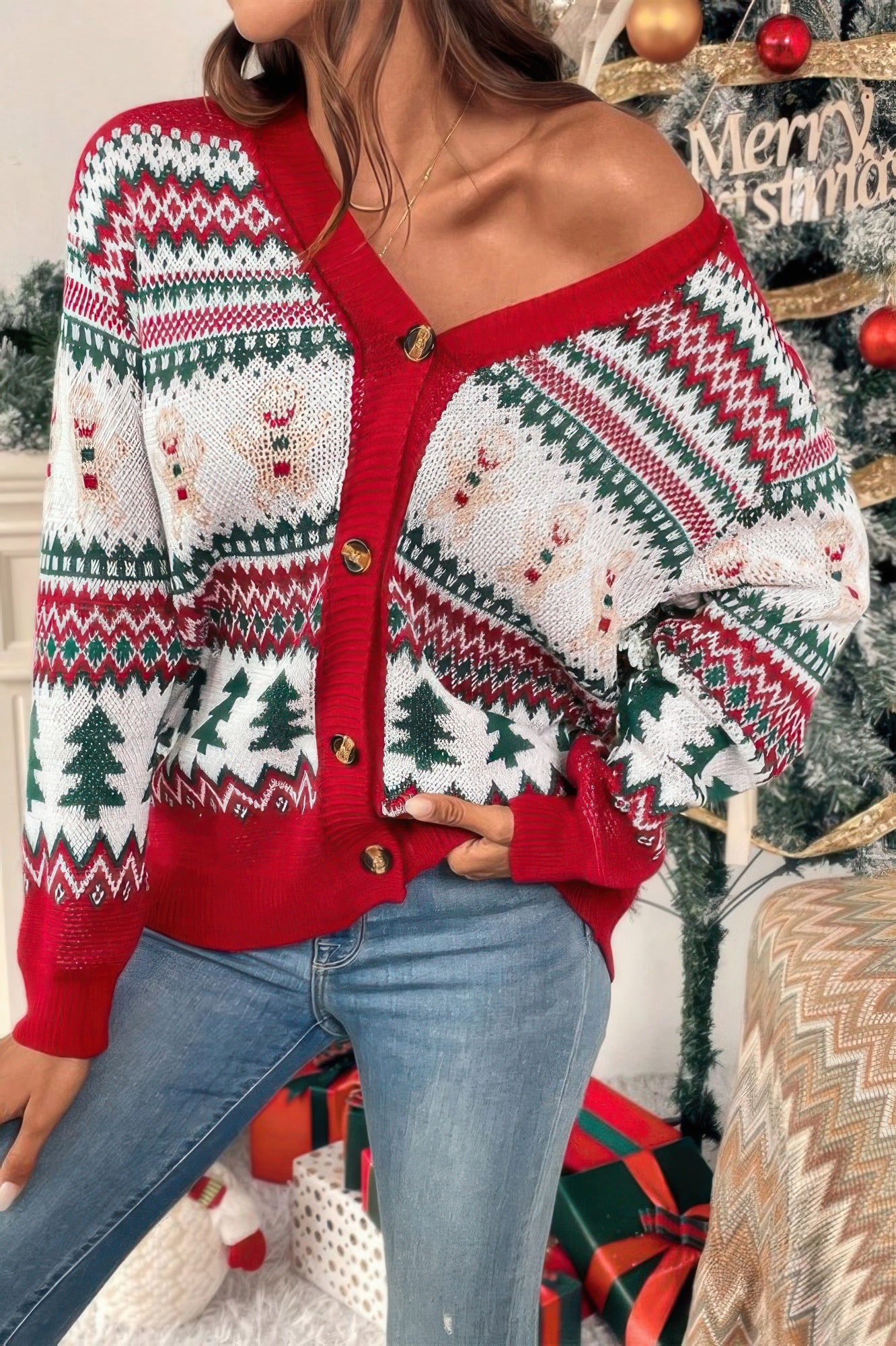 Festive Knit Button Down Relaxed Cardigan