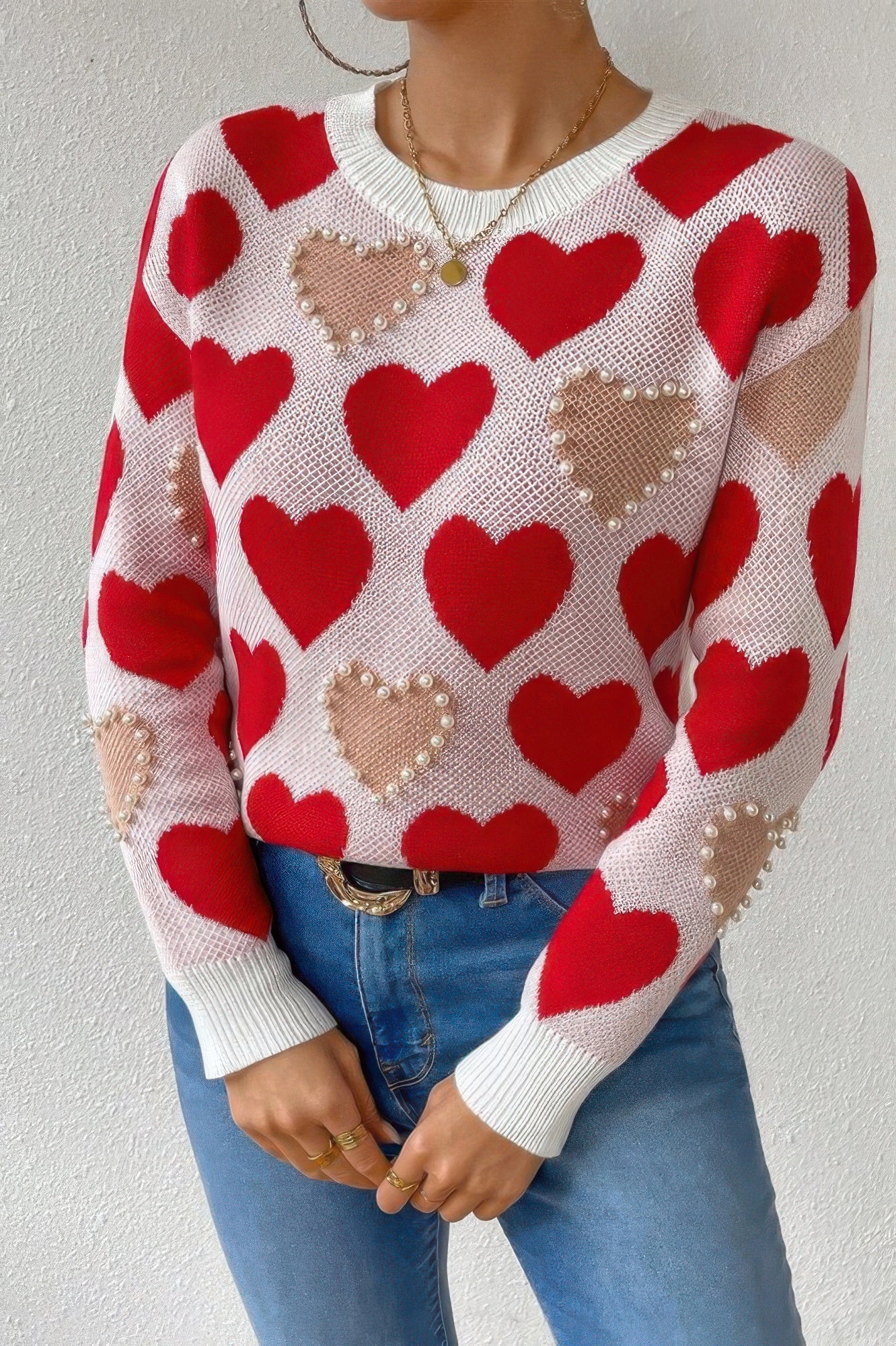 Heart-Adorned Pearl Beaded Knit Sweater