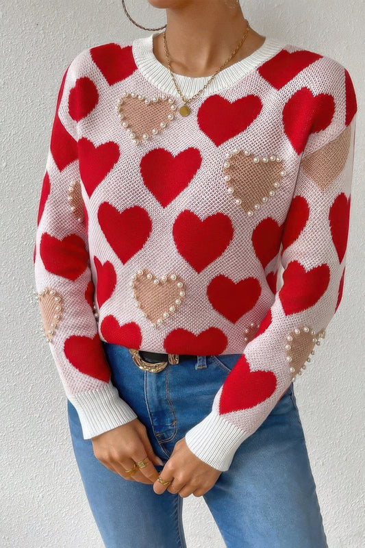 Heart-Adorned Pearl Beaded Knit Sweater