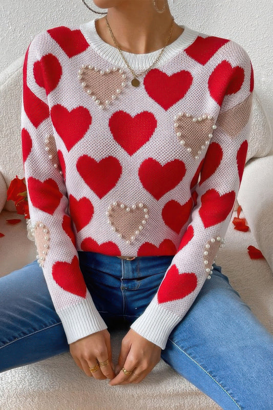 Heart-Adorned Pearl Beaded Knit Sweater