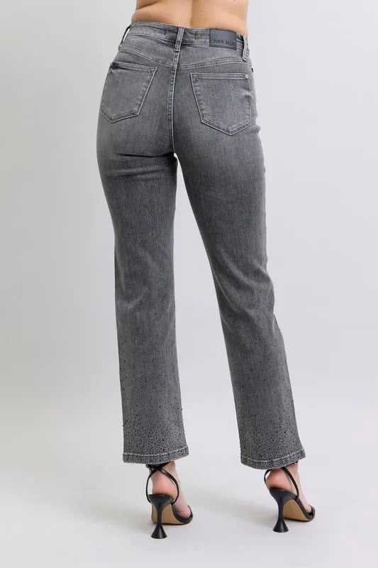 Full Size High Waist Rhinestone Straight Jeans Plus Size