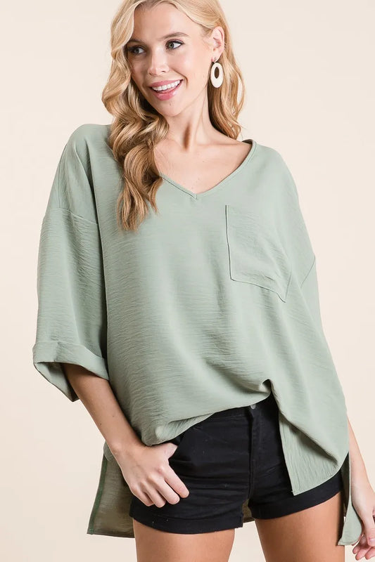 Relaxed V-Neck Top with Rolled Cuffs