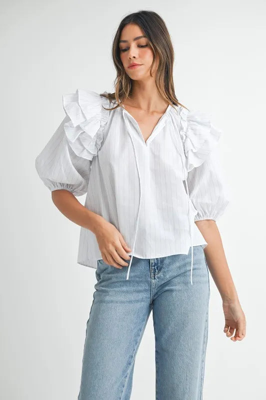 Stripe Ruffle Shoulder Puff Sleeve Blouse