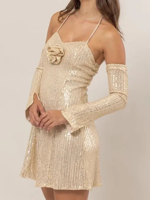 Sequin Rosette Halter Mini Dress