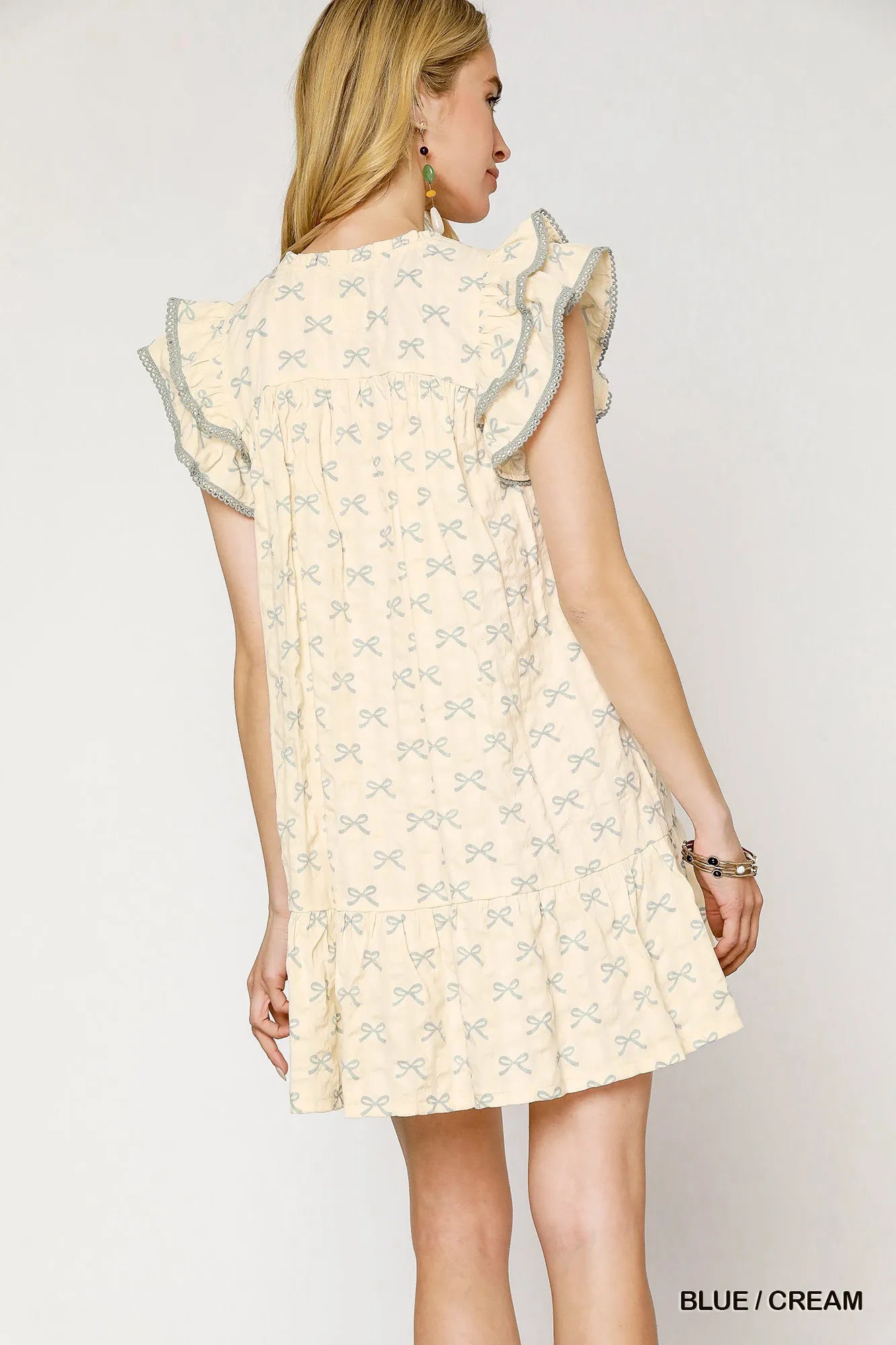 Ruffled Cap Sleeve Bow Pattern Mini Dress