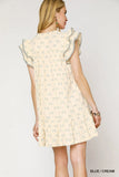 Ruffled Cap Sleeve Bow Pattern Mini Dress