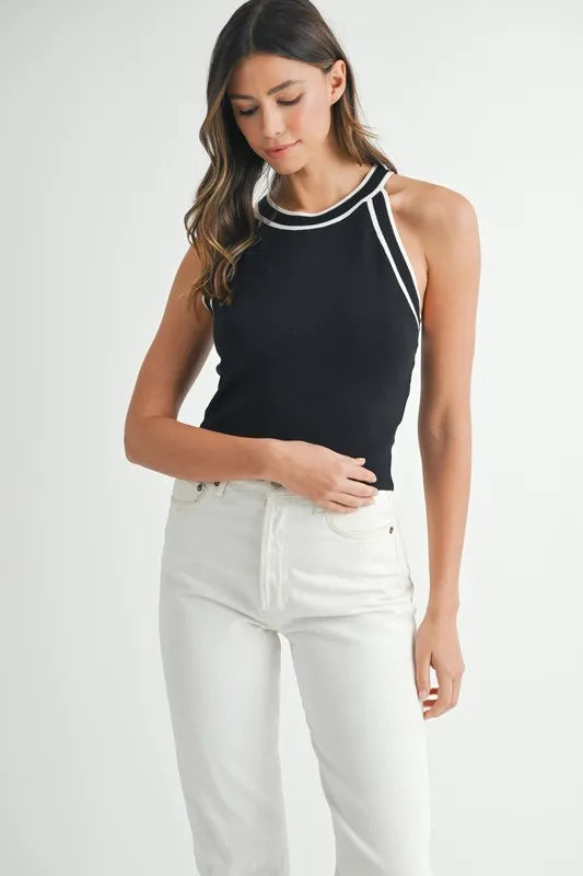 Contrast Trim Grecian Neck Cropped Tank