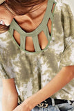 Tie Dye Print Waffle Top with Contrast Caged Neck