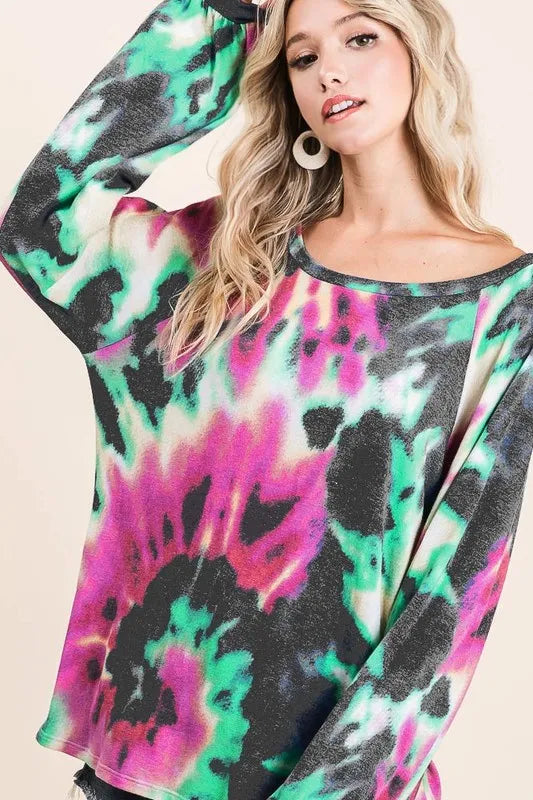 Tie Dye Print Terry Top with Puff Sleeves