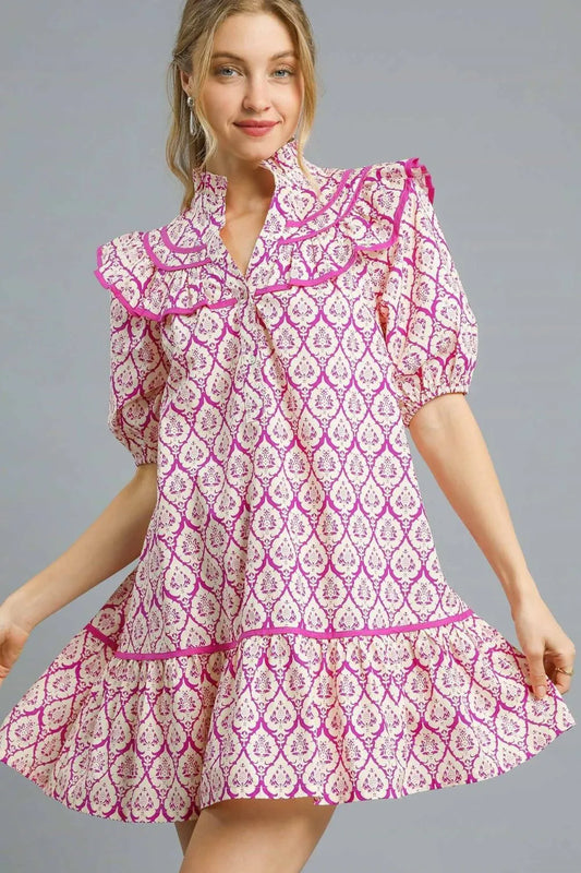 Boho Diamond Print Puff Sleeve Mini Dress