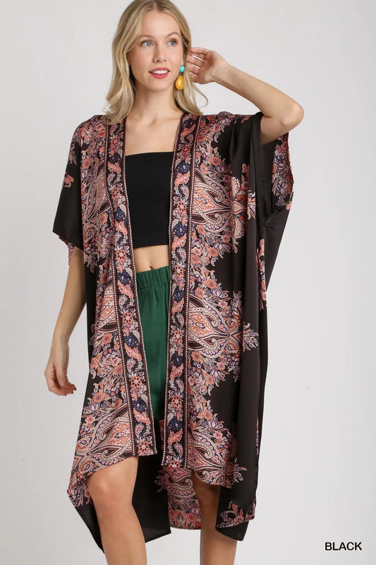 Paisley Floral Print Open Front Short Sleeve Kimono