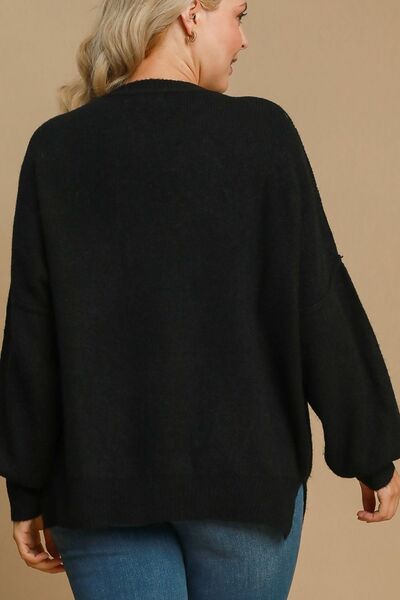 Full Size Side Slit Wool Blend Round Neck Sweater Plus Size