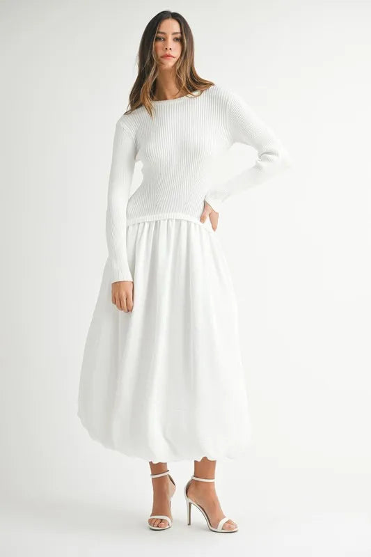 Ribbed Poplin Mix Midi Sweater Dress