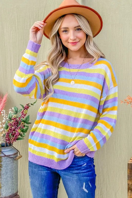 Multi Striped Mesh Pullover Spring Sweater