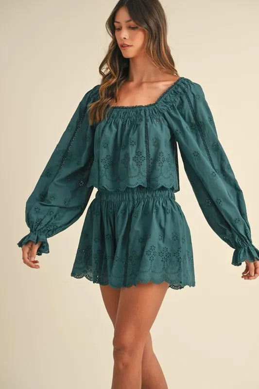 Embroidered Scalloped Lace Top and Short Set