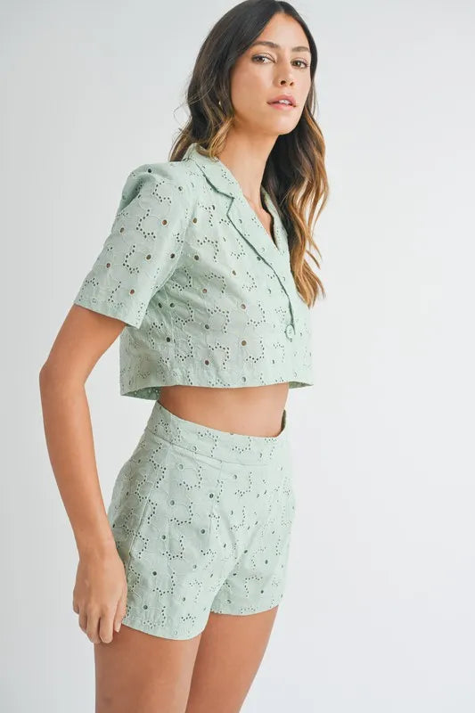 Eyelet Short Sleeve Crop Top and Shorts Set