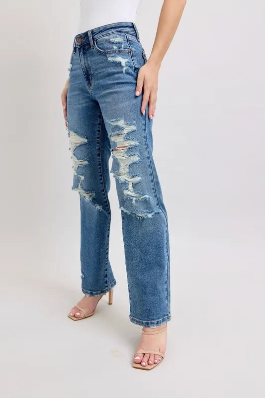 Full Size High Waist Heavy Destroy Straight Jeans Plus Size