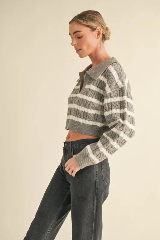 Pale Collared Striped Cropped Cable Knit Sweater
